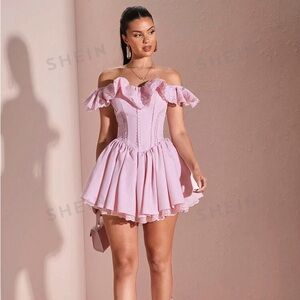Baby Pink Off Shoulder A-Line Dress With Lace